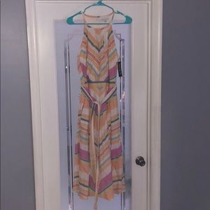 Multi Color Stripe Linen Halter Midi Dress